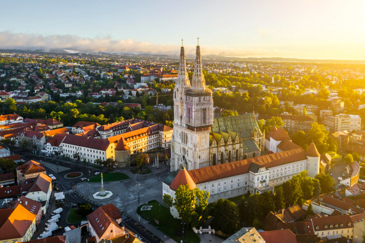 aerial view cathedral zagreb sunrise croatia