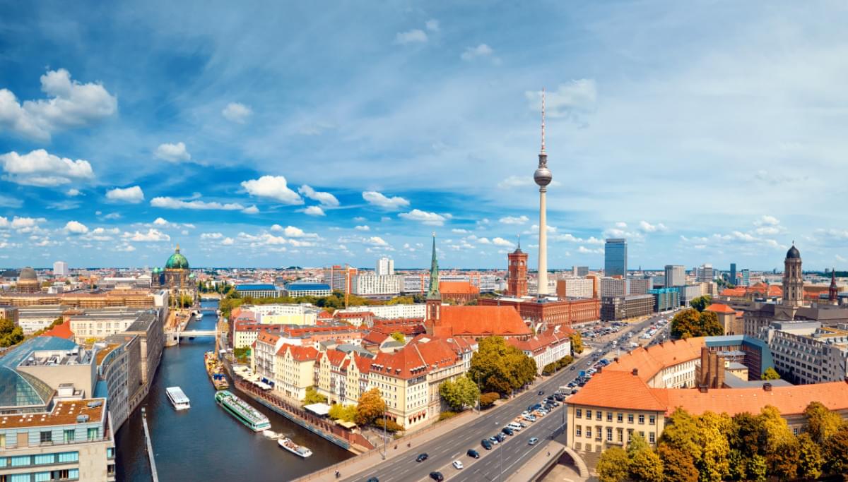 aerial view central berlin bright day including river spree television tower alexanderplatz
