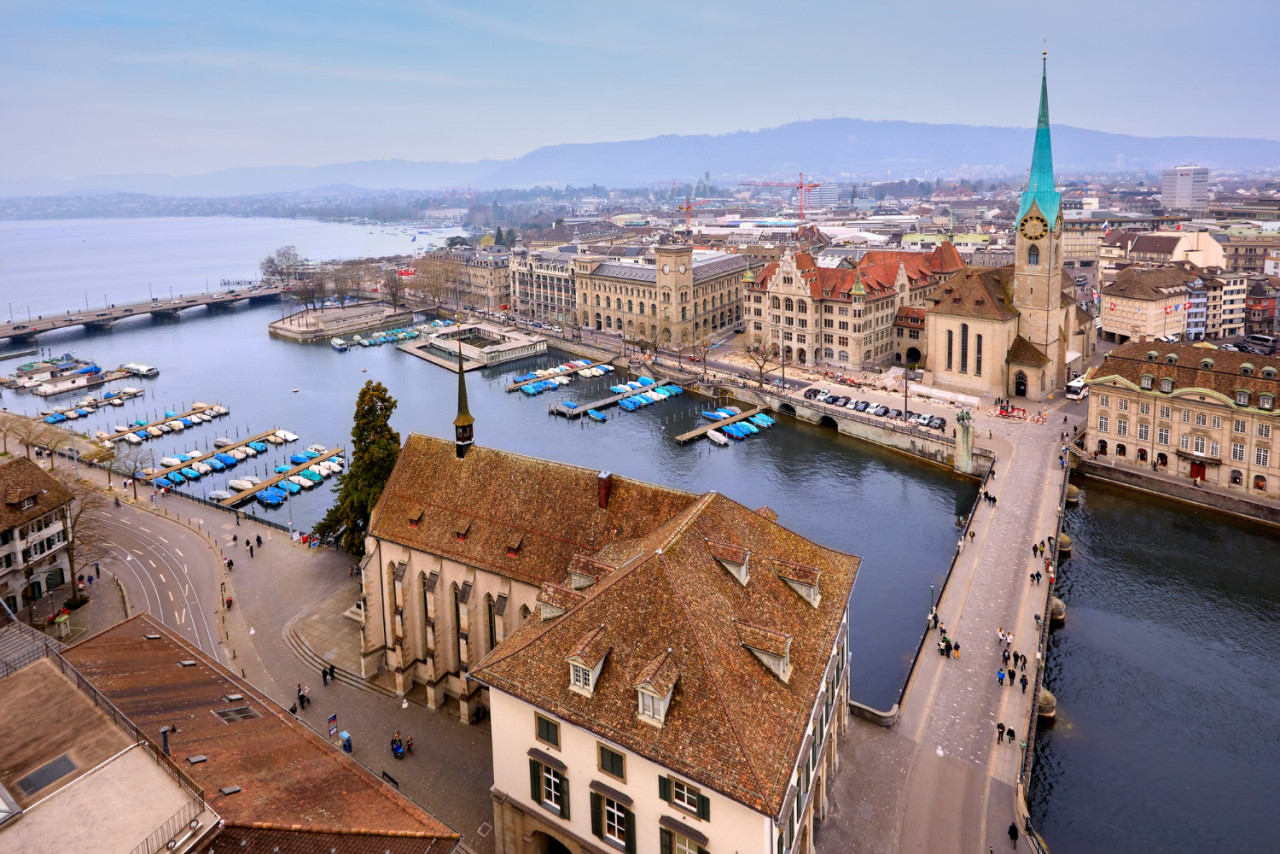 aerial view fraumunster church limmat river from grossmunster zurich switzerland