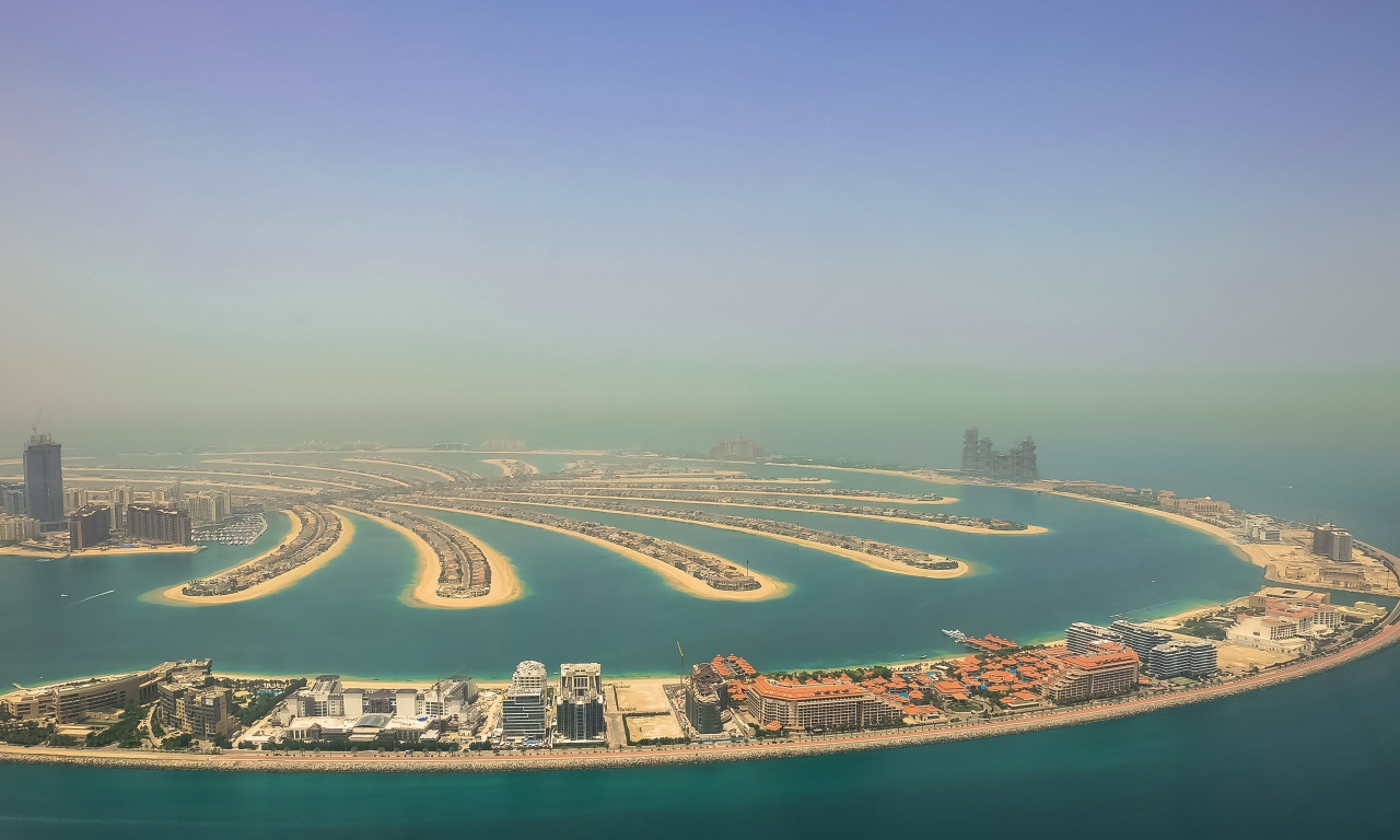 aerial view from helicopter palm jumeirah beach