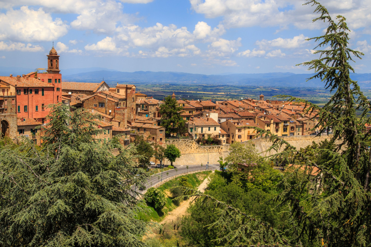 aerial view medieval town montepulciano sunny summer day tuscany italy