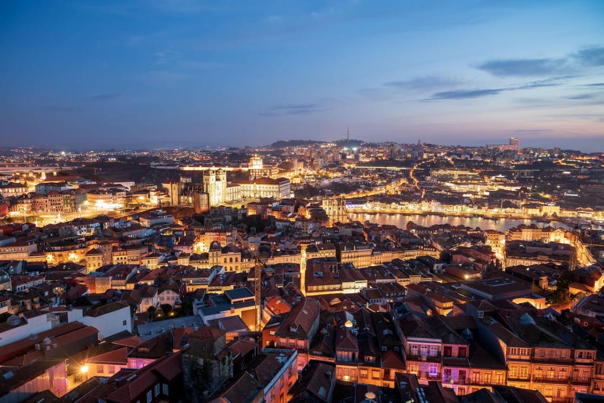 aerial view of buildings at night