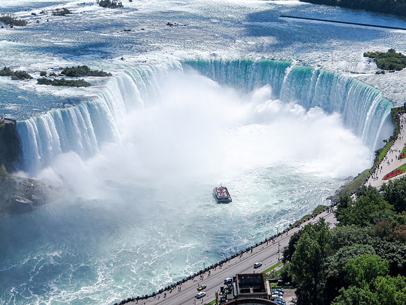 aerial view of the canadian falls horseshoe falls and the hornblower niagara cruises boat niagara falls