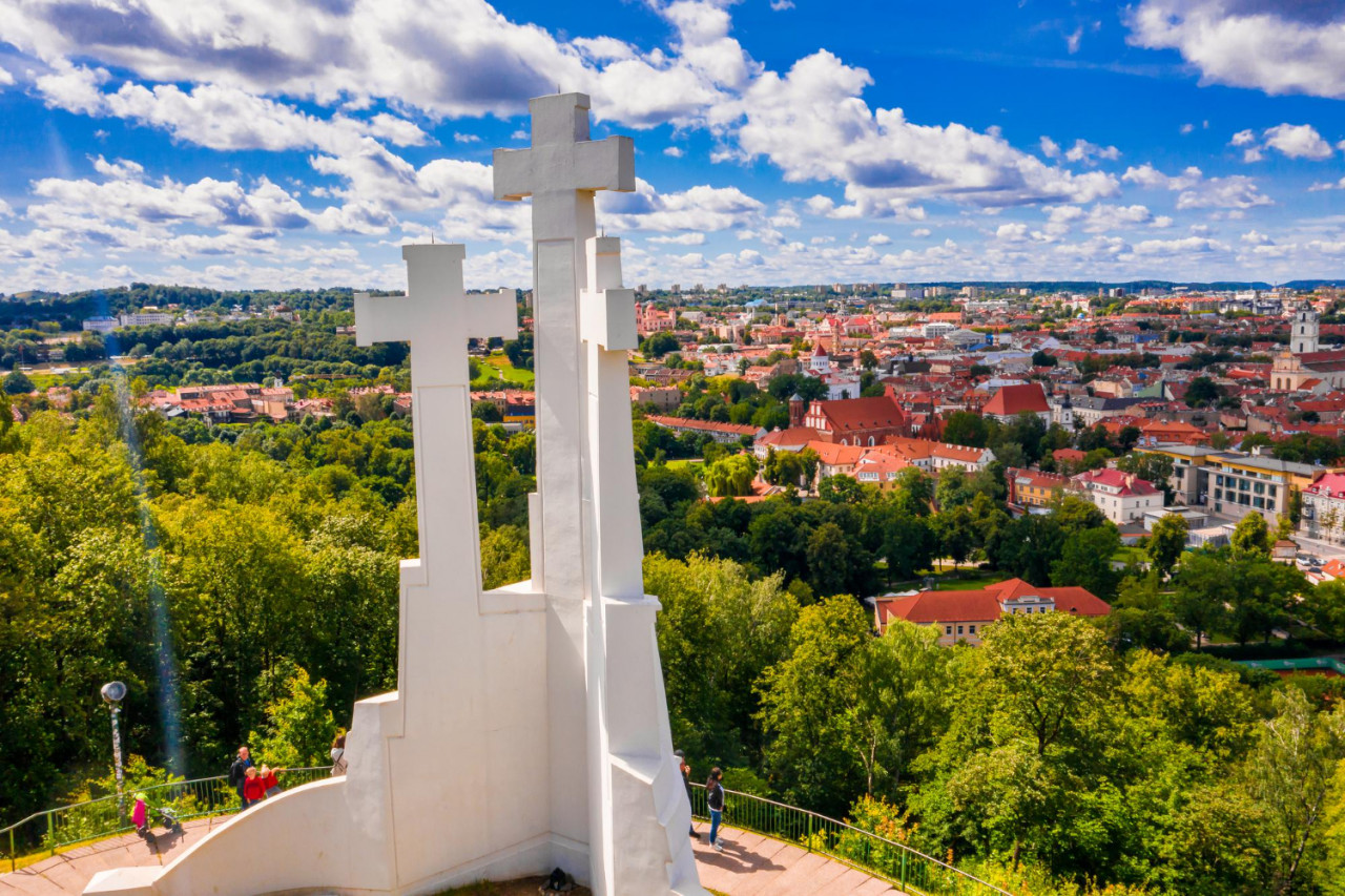 aerial view three crosses monument overlooking vilnius old town vilnius landscape from hill three crosses located kalnai park lithuania