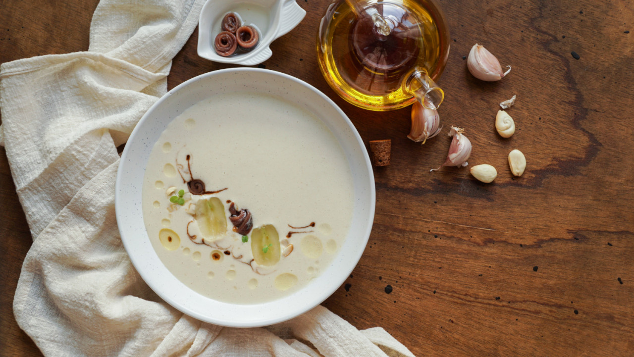 ajo blanco spanish typical cold soup made almonds garlic with olive oil bread