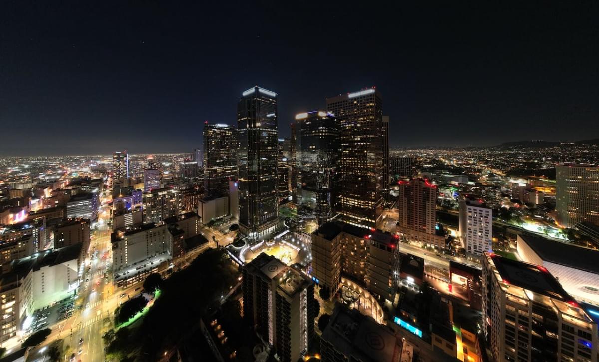 an aerial shot of a city at night