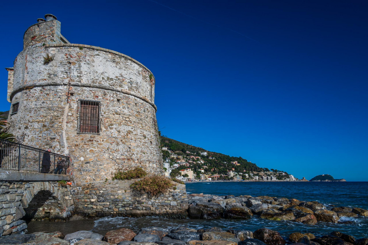 ancient tower called della coscia situated direct sea near center alassio italian riviera