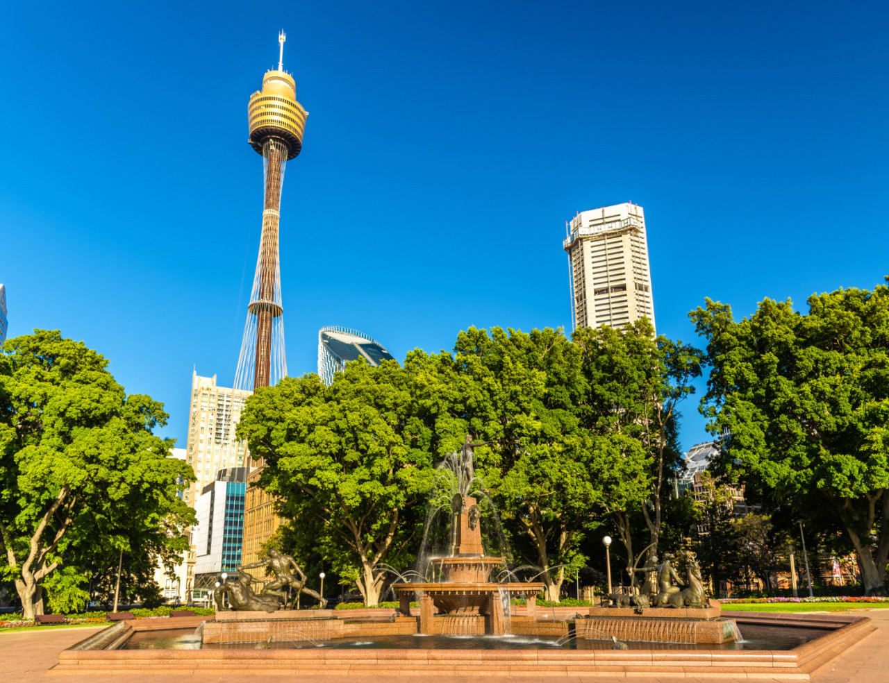 archibald fountain hyde park with modern building background