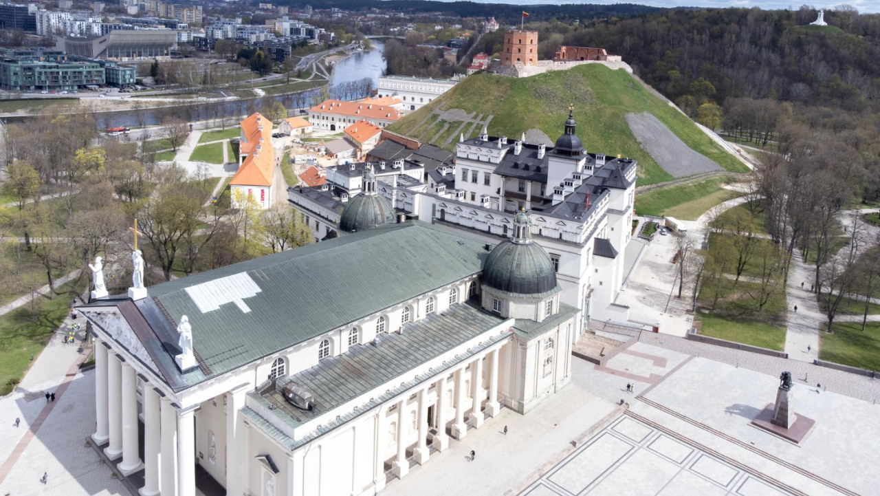 arial view vilnius cathedral with gedimino tower palace lithuanias kings