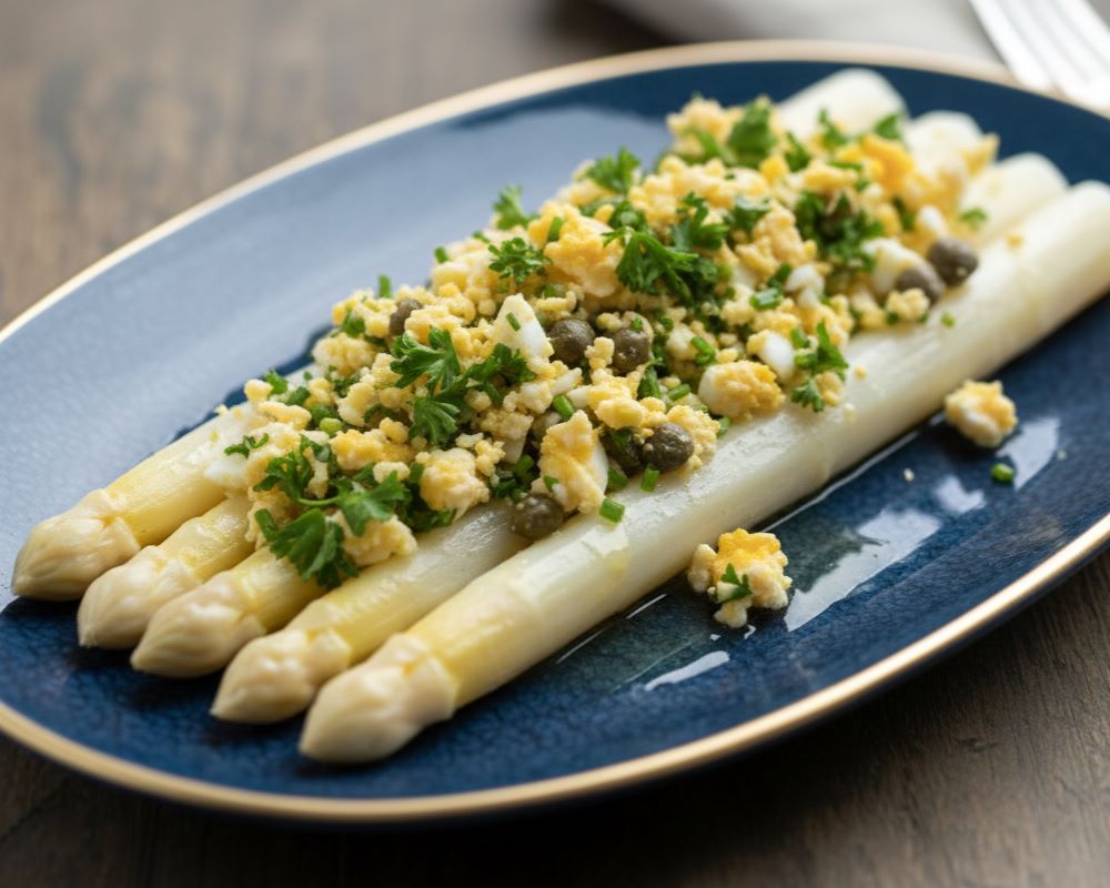 Asparagi bianchi conditi con uova sode, burro fuso e prezzemolo.