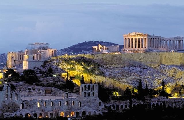 panorama dell'acropoli di atene al tramonto