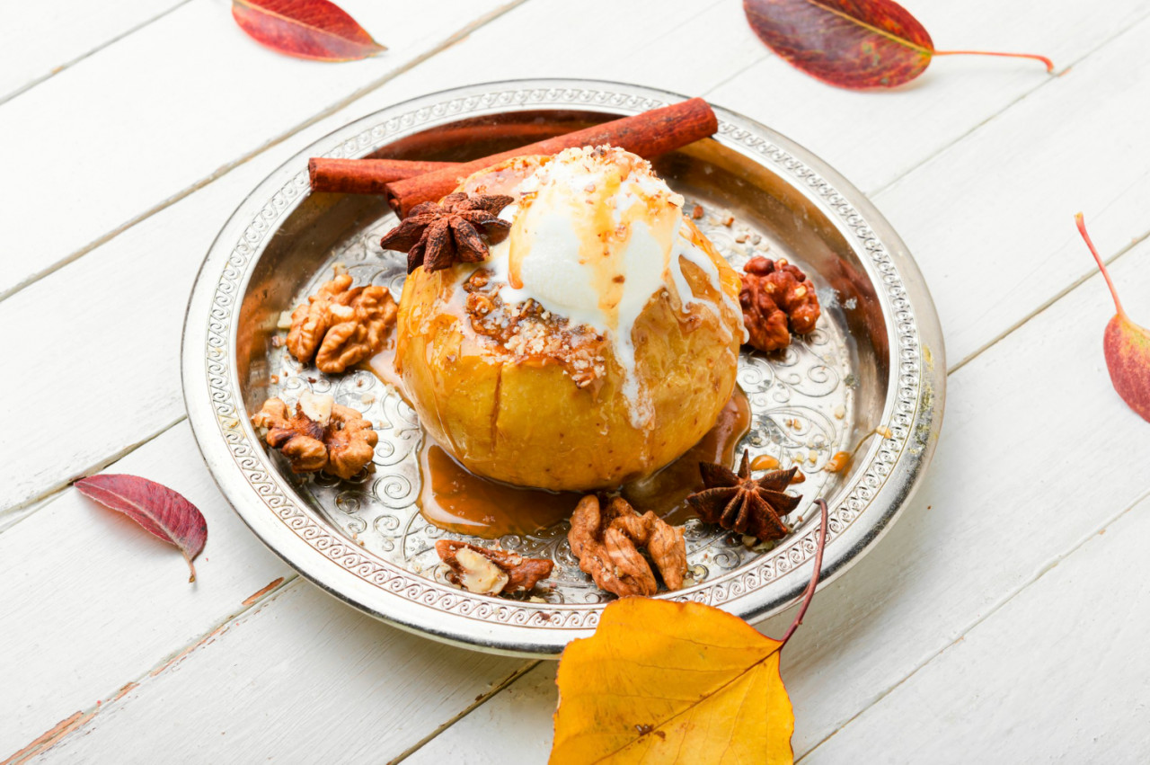 autumn dessert baked apples with granola nuts tasty baked apples with ice cream