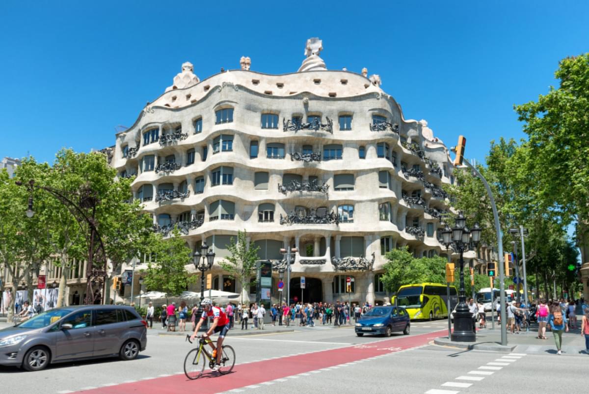 barcelona spain may 21 2016 facade casa mila with crowd people street barcelona spain famous building designed by antoni gaudi included unesco list