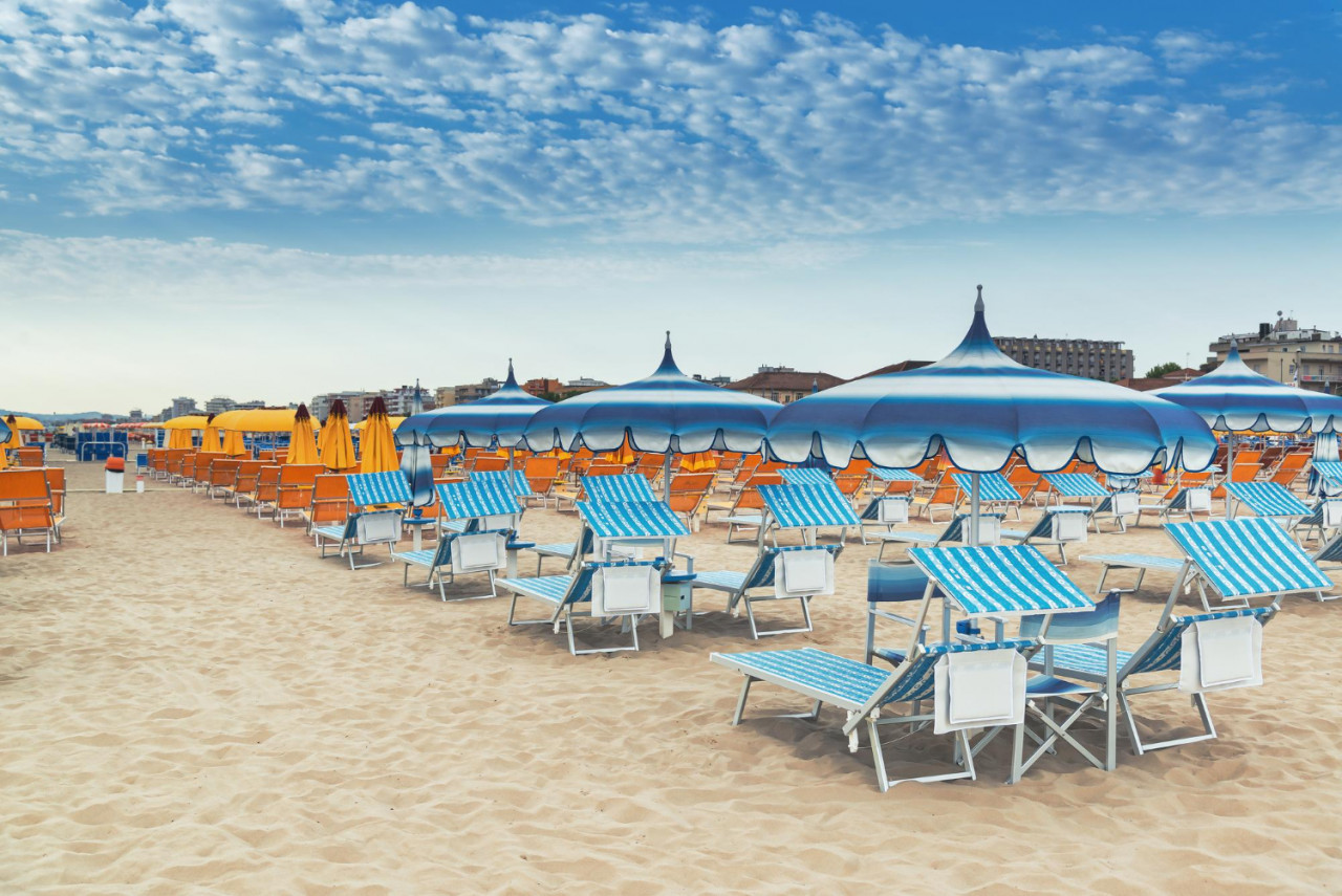 beach rimini italy umbrellas sandy beach resort city rimini morning