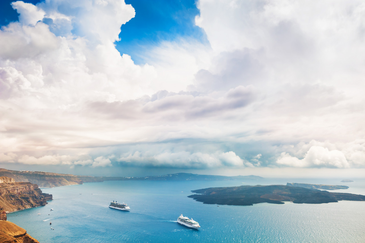 beautiful clouds sea santorini island greece