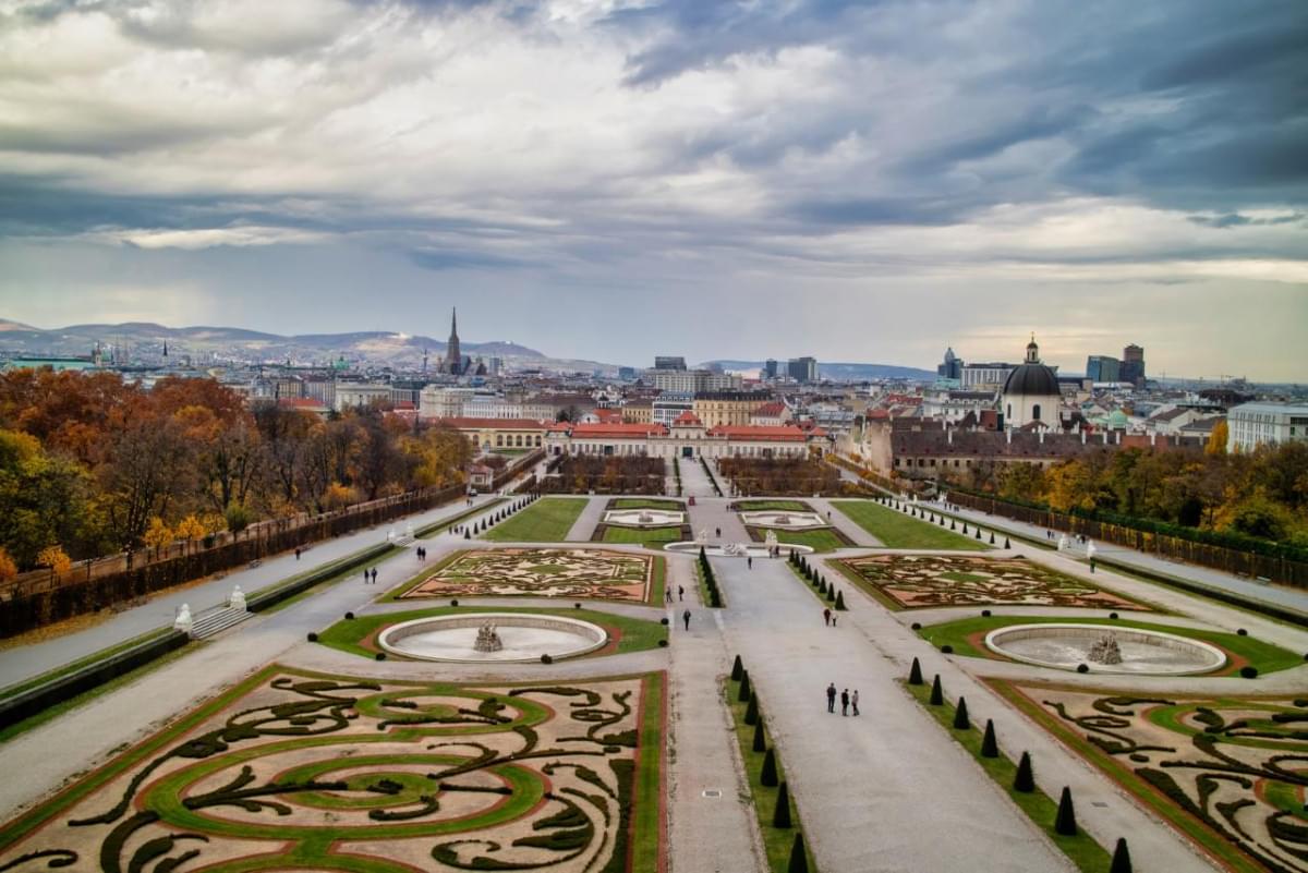 beautiful landscape with baroque palace ensemble schloss belvedere garden parterre with regular planting plants flowers vienna austria background cloudy sky