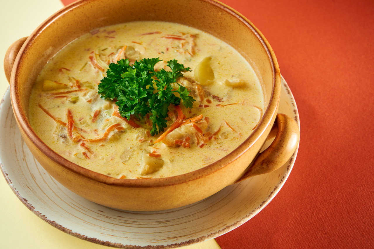 belgian fish soup with waterzooi clay plate colored surface