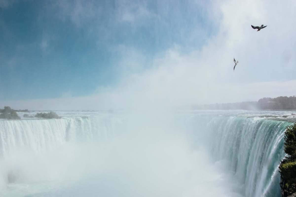 birds flying over a huge waterfall