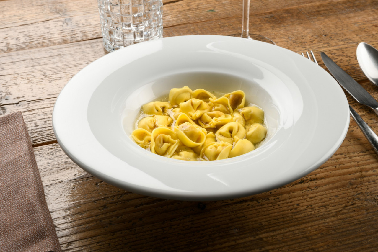 bowl tortellini cappelletti pasta broth from emilia romagna region italy served stylish white dish table