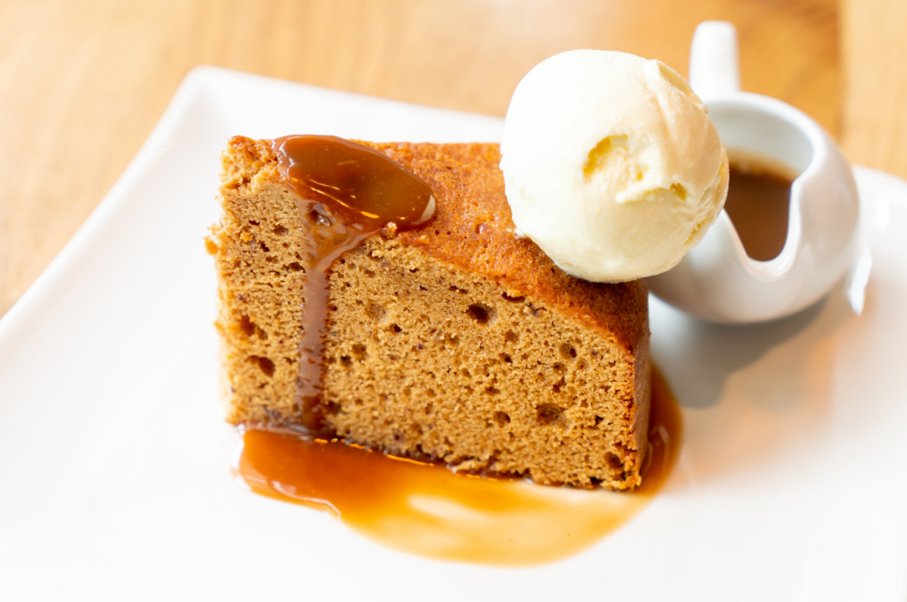 cake with vanilla ice cream toffee caramel sauce