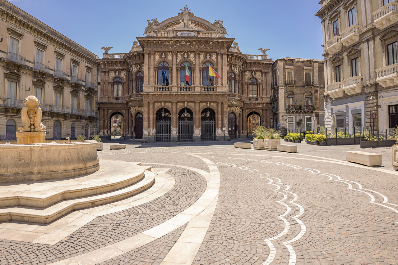 catania italy may 30 2021 theater fountain piazza vincenzo bellini catania sicily italy teatro massimo bellini most important theater