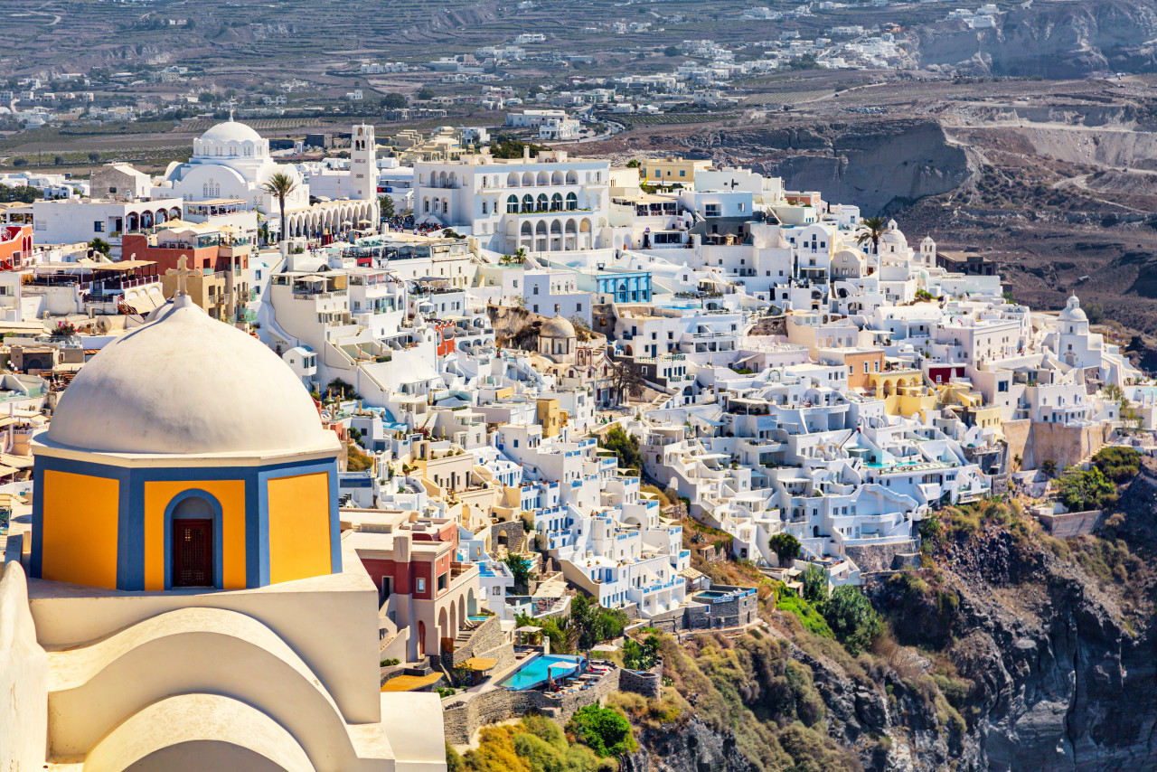 catholic cathedral saint john baptist with aerial view thira santorini island greece