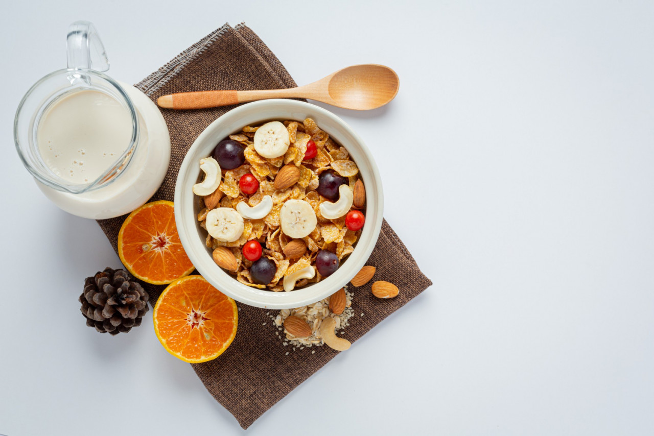 cereal bowl mixed fruit marble background