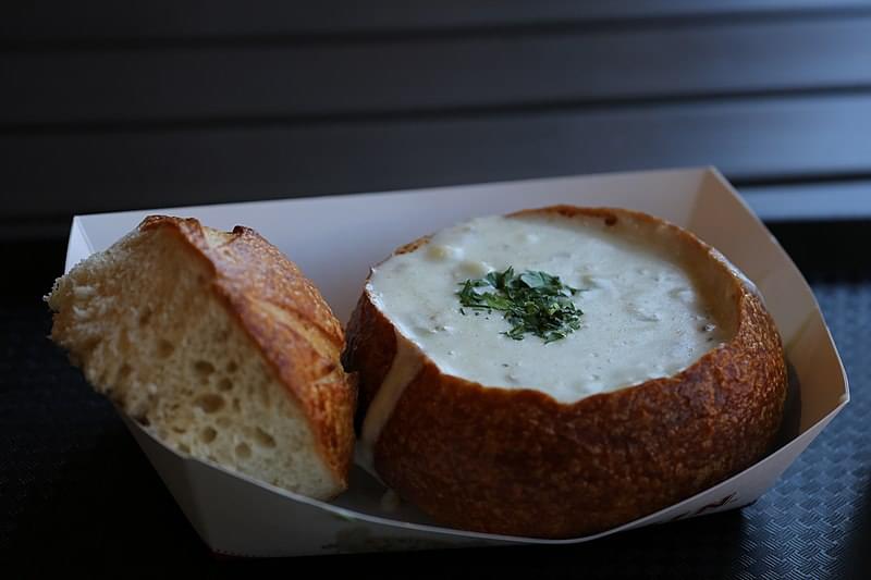 clam chowder in a boudin sourdough bowl