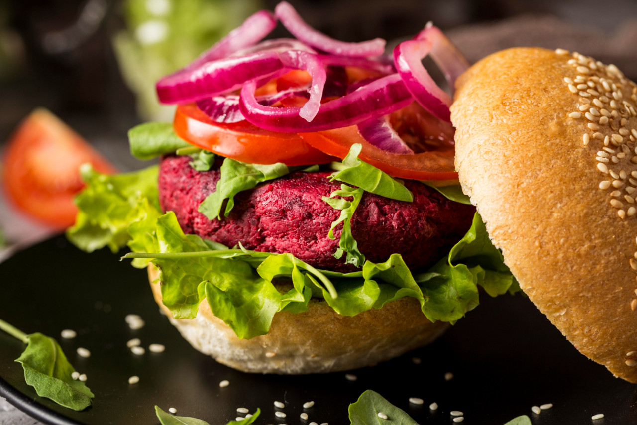 close up vegetarian burger plate