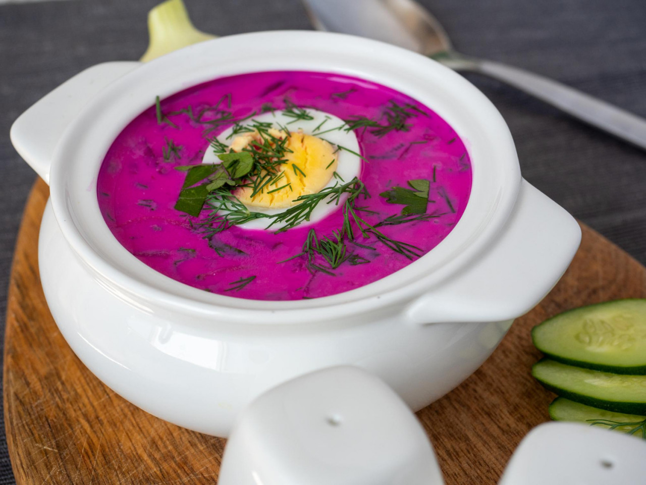 closeup cold chlodnik soup wooden board soup polish belarusian russian cuisine made beetroot kefir decorated with half egg healthy food