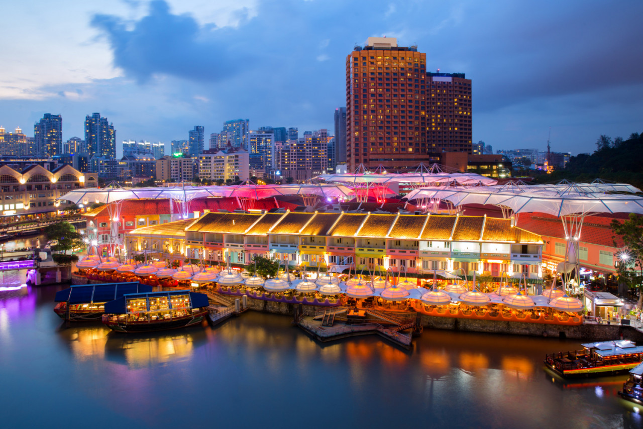 colorful light building at night in clarke quay singapore