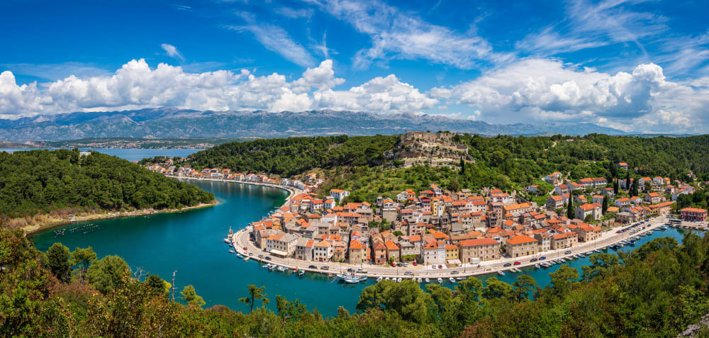 colorful old village novigrad istria county croatia with blue river harbor