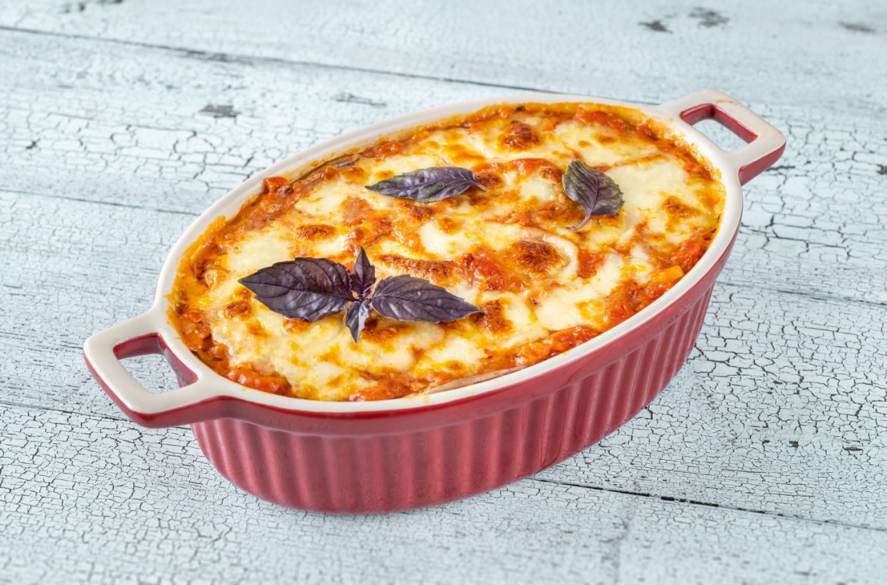 cooked eggplant parmigiana baking pan close up