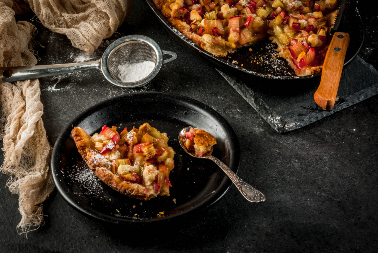 cooking homemade pie with rhubarb