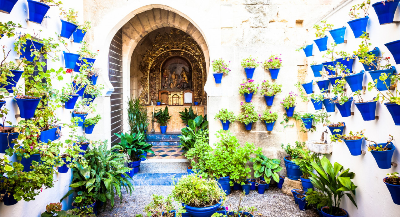 cordoba andalusia region spain old church with traditional flowers set up this town