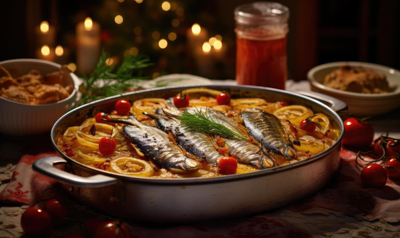 deliciosas sardinhas de natal portuguesas assadas em detalhes em uma bandeja em uma mesa de natal decorada