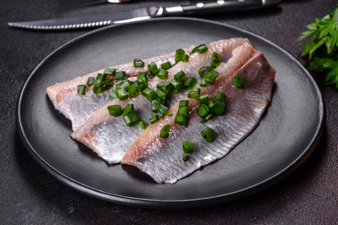 delicious fresh herring fillet with salt spices herbs black plate