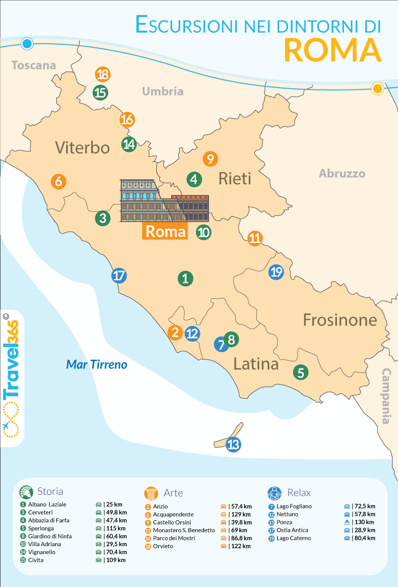 Cosa vedere nei dintorni di Roma - mappa delle escursioni