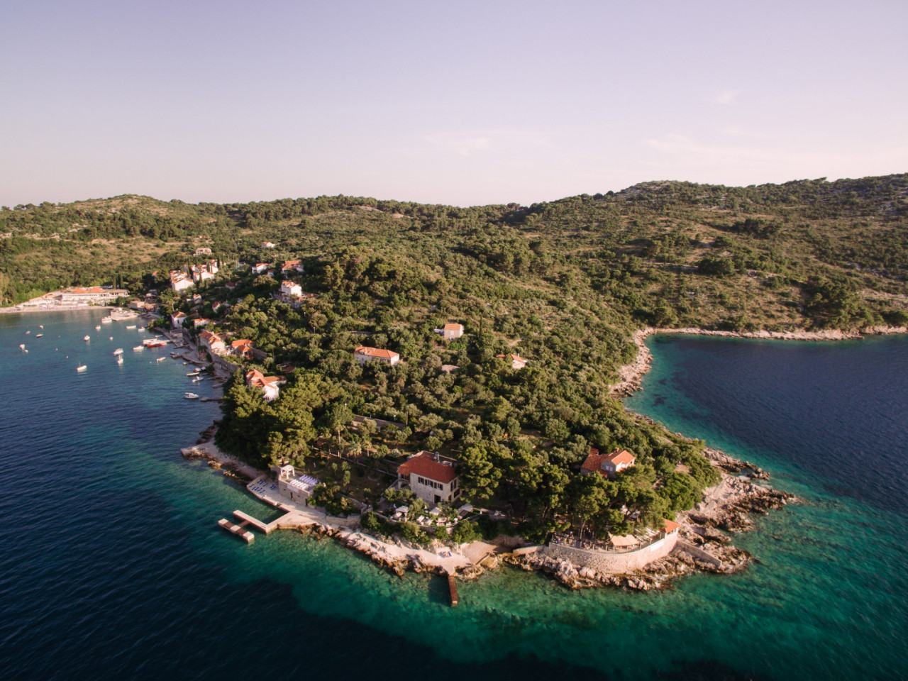 drone flight near island kolochep croatia yachts moored sea coast island