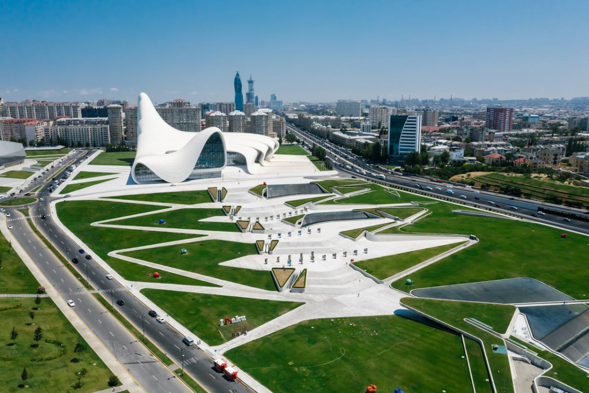 drone shot of heydar aliyev center in baku