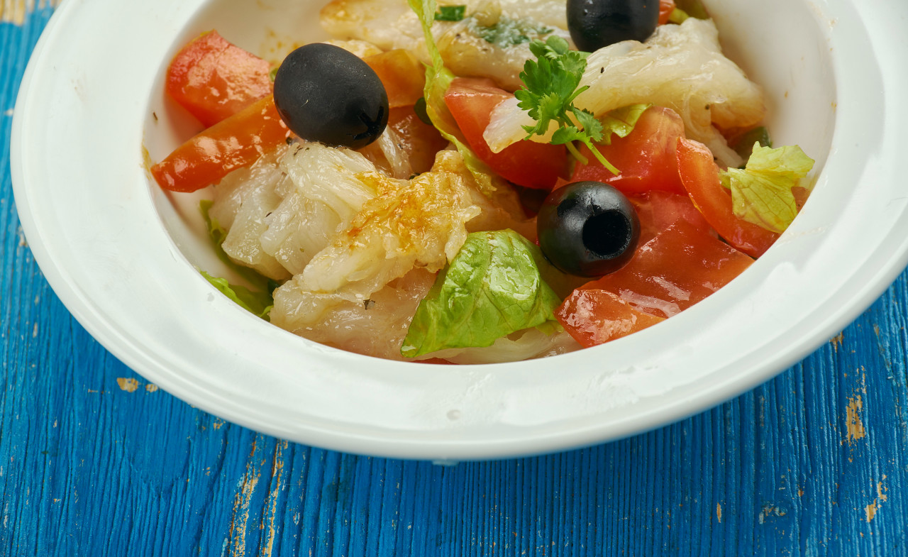 esqueixada traditional catalan dish salad shredded salt cod tomatoes onions olive oil vinegar salt