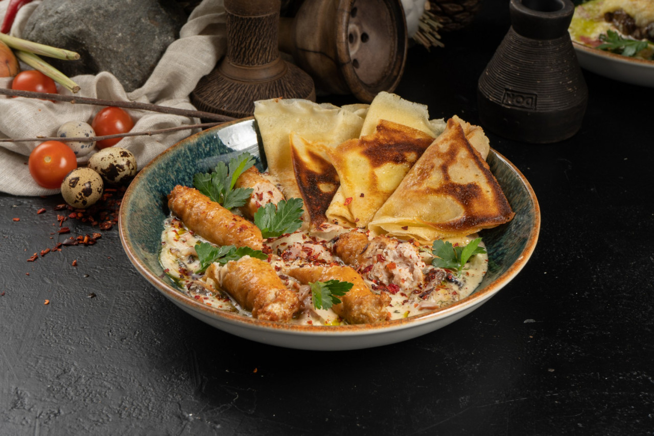 fried chicken sausages with mushroom sponge made champignons pancakes