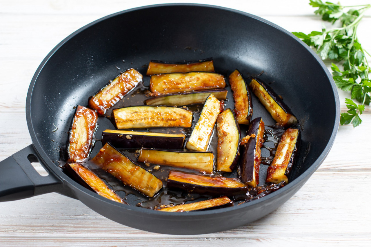 fried eggplant dipped honey frying pan delicious snack