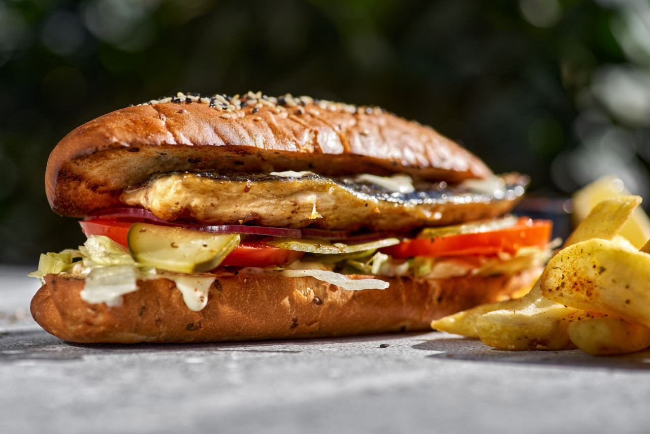 fried fish sandwich with tartar sauce french fries stone