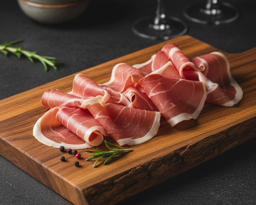 Tagliere di prosciutto crudo Ganda Ham stagionato naturalmente.