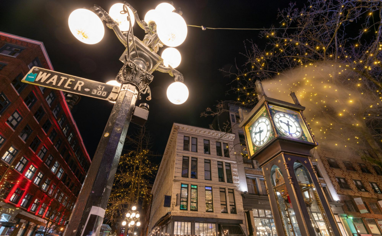 gastown steam clock vancouver downtown beautiful street view night british columbia canada