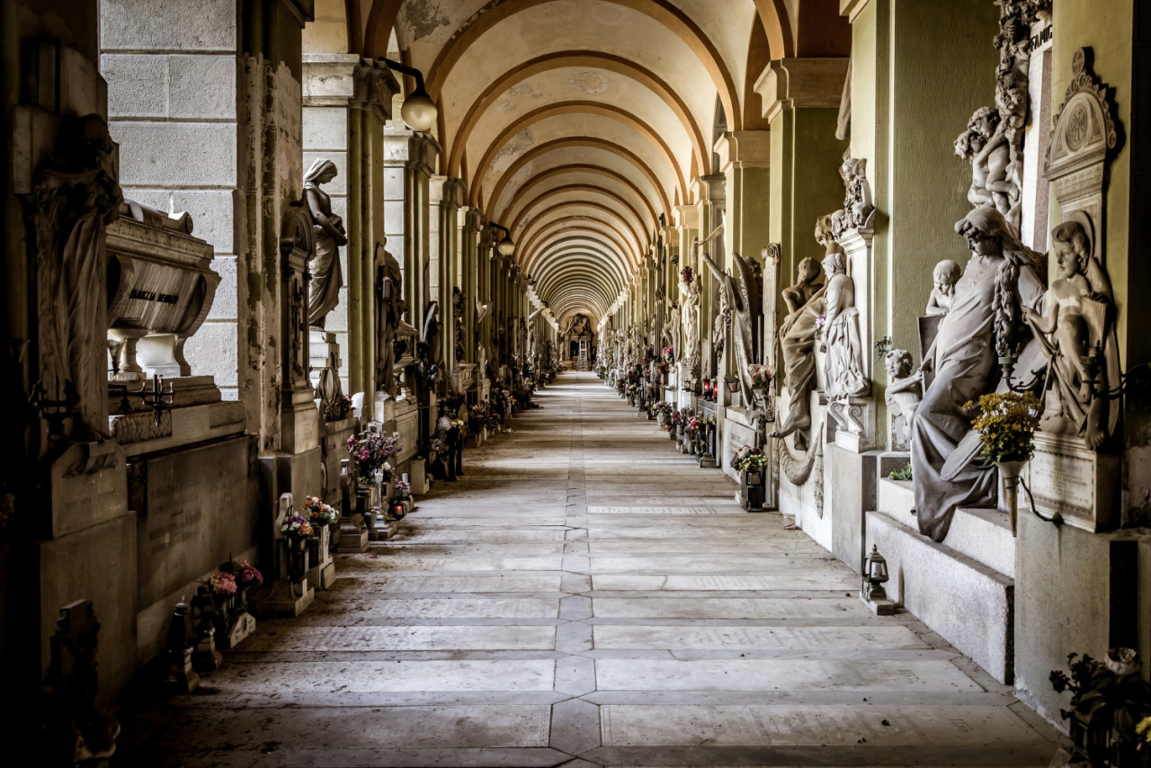 genoa italy june 2020 corridor with statues beginning 1800 christian catholic cemetery italy