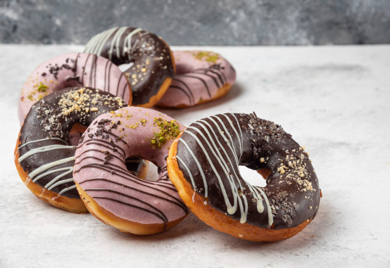 glazed chocolate pink donuts marble surface