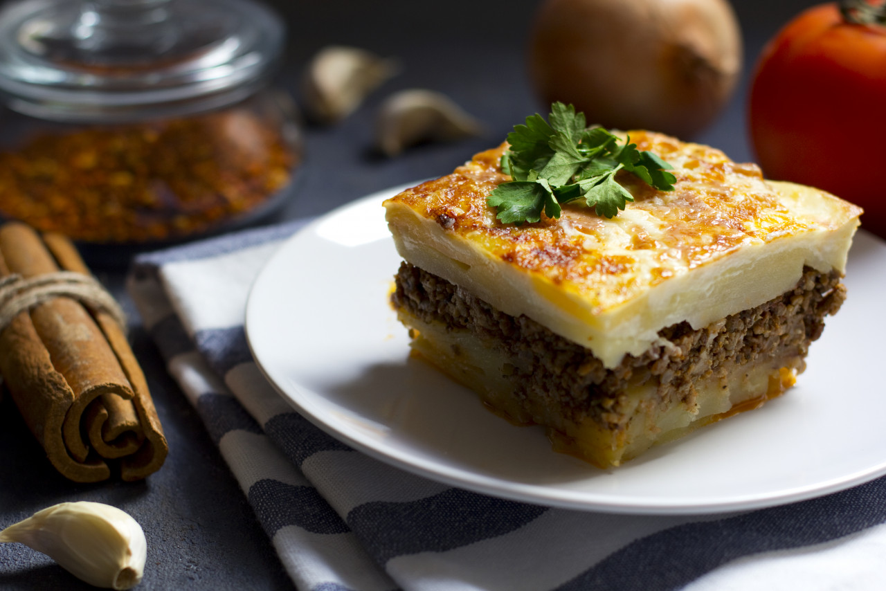 greek moussaka with ground beef potatoes 1