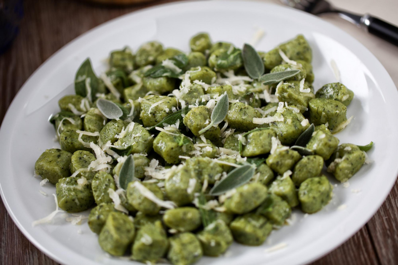 green potato gnocchi with sage butter parmesan